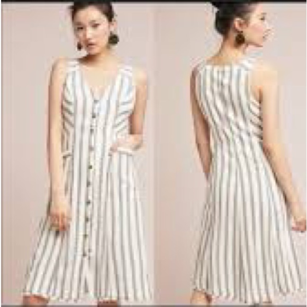 Maeve by Anthropologie blue striped button front raw hem pocket dress size 8